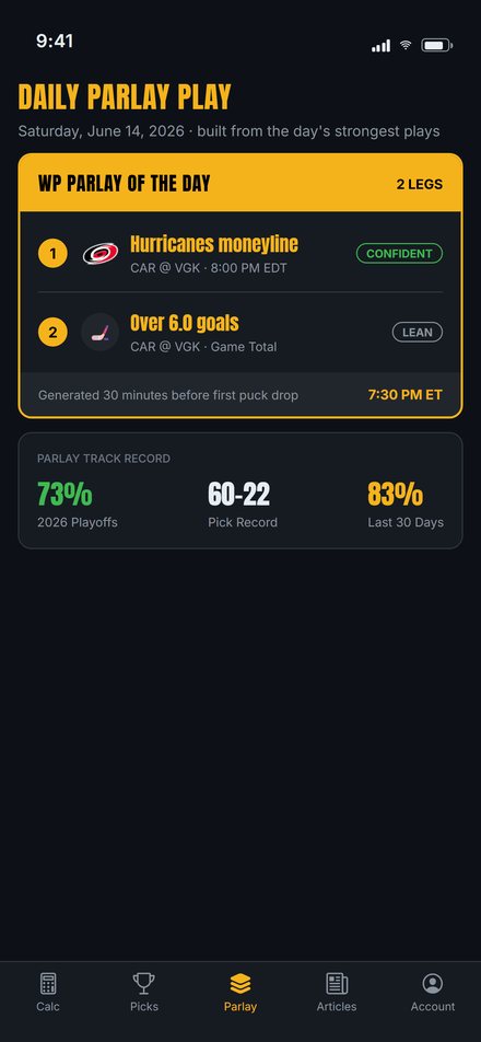 WP Hockey Predictor iPhone app showing the daily parlay play